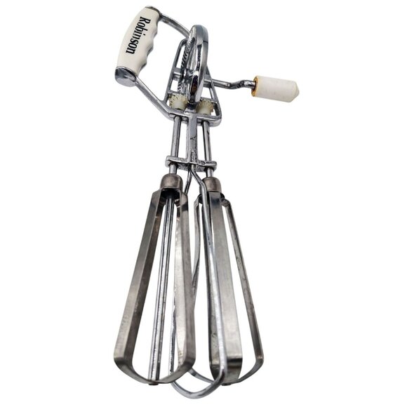 Robinson Hand Crank Egg Beater Vintage Manual Mixer Stainless Steel White Handle - Picture 1 of 14